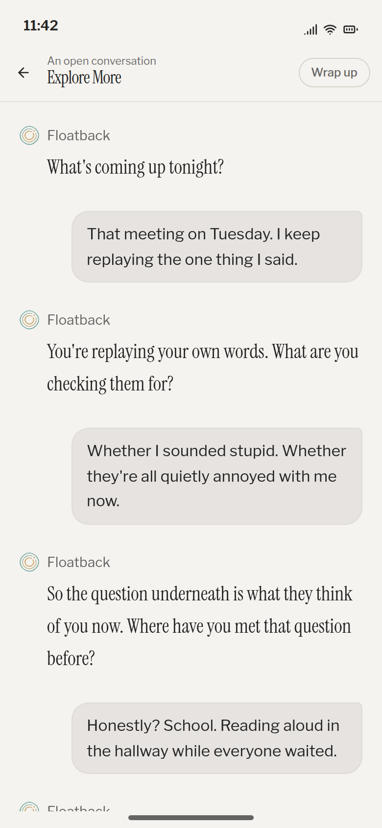 An Explore conversation, where you talk and the coach maps what you are carrying