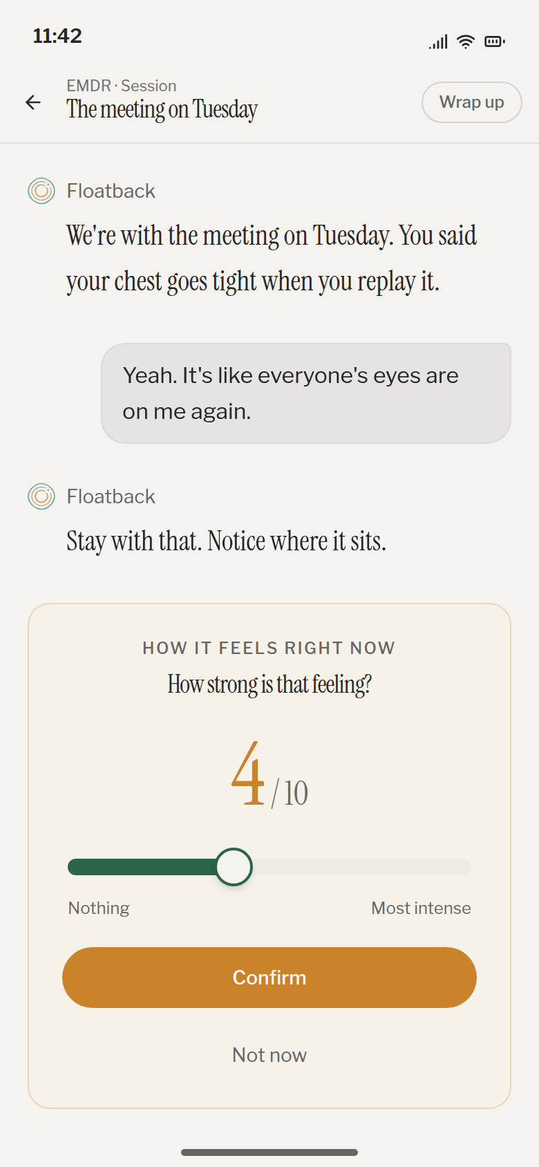 A Floatback sitting: the coach holds the memory while you rate how strong the feeling is right now